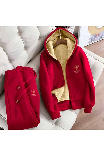 Classy Tracksuit Set - 2 Pieces - Bottom-Top - Embroidery - Hooded - 3 Thread Raster - Top Inner Welsoft Excluding Sleeves