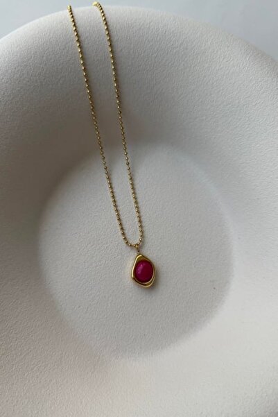 Ebijuteri Kırmızı Zirkon Taşlı Gold Çelik Kolye