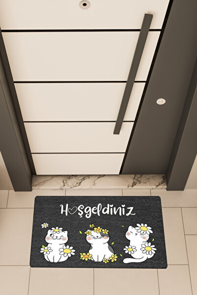 Dormot High Quality Digital Printing Black, Cats with Daisies Theme Door Front Mat