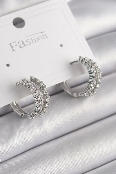Clariss Brass Silver Color Zircon Stone Hoop Model Women's Earrings