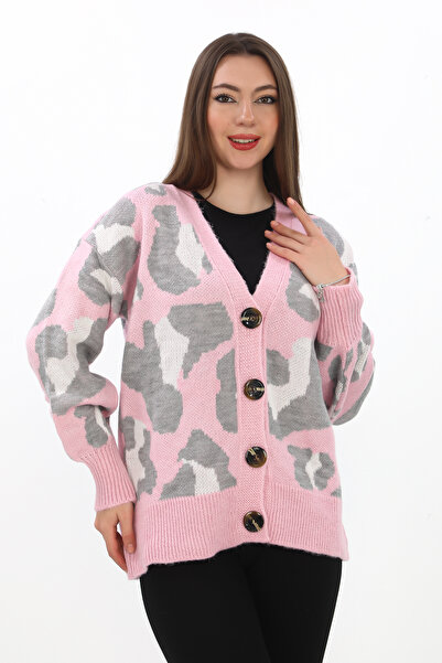02Lady Fashion Leopard Print Buttoned Oversize Knitted Detailed Knitwear Card...