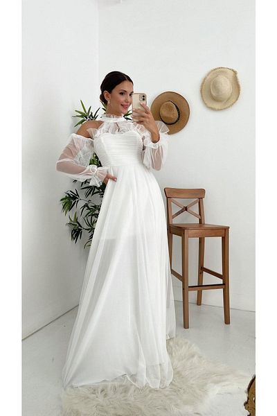 sarebutik Λευκό τούλι μακρύ νυφικό βραδινό φόρεμα