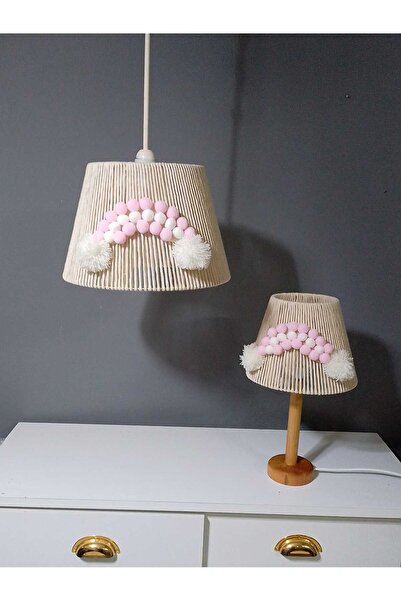 poplinhome MAKROME AVİZE ÇOCUK ODASI BEBEK ODASI ABAJUR AVİZE SET AHŞAP AYAK