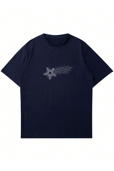 Mad&Calf Women's Falling Star Stone Printed Crew Neck Oversize Tshirt