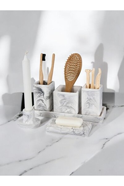 Trust Stone Set de baie din beton cu model de marmură 6 bucăți Suport pentru periuță de dinți Suport pentru tămâie Suport pentru lumânări Tavă Vasă pentru săpun