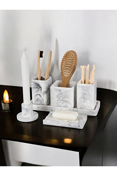 Trust Stone Set de baie din beton cu model de marmură 6 bucăți Suport pentru periuță de dinți Suport pentru tămâie Suport pentru lumânări Tavă Vasă pentru săpun