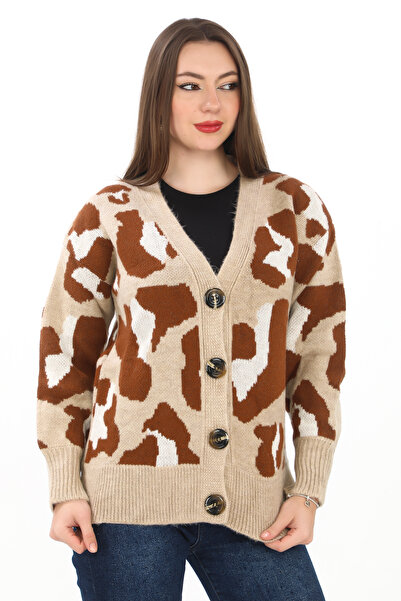 02Lady Fashion Leopard Print Buttoned Oversize Knitted Detailed Knitwear Cardigan