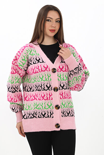 02Lady Fashion Ζακέτα πλεκτή με λεπτομέρεια με μοτίβο φλόγας με κουμπιά