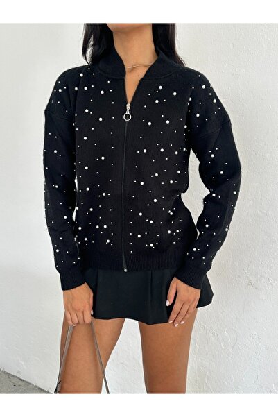 02Lady Fashion Kadın İncili Fermuarlı triko Hırka