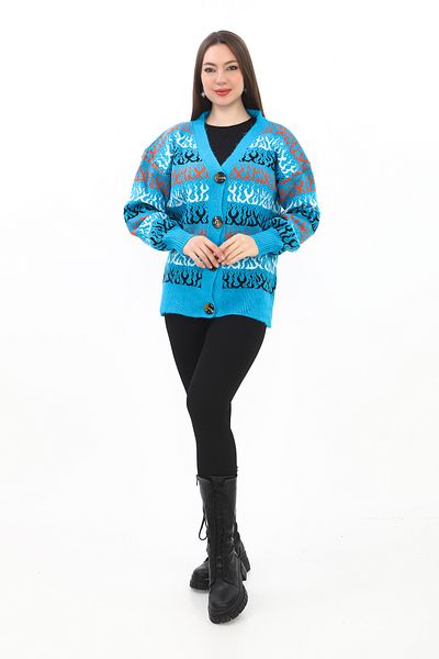 02Lady Fashion Cardigan tricotat cu nasturi supradimensionat cu model de flacără
