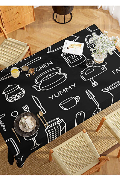 ALAMODECOR Siyah Beyaz Kitchen Yummy Ingilizce Yazılı Mutfak Masa Örtüsü