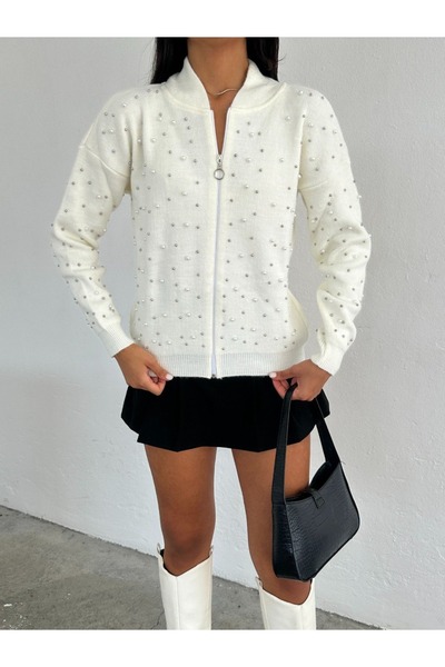 02Lady Fashion Sportiness Women's Pearl Zippered Knitwear Cardigan