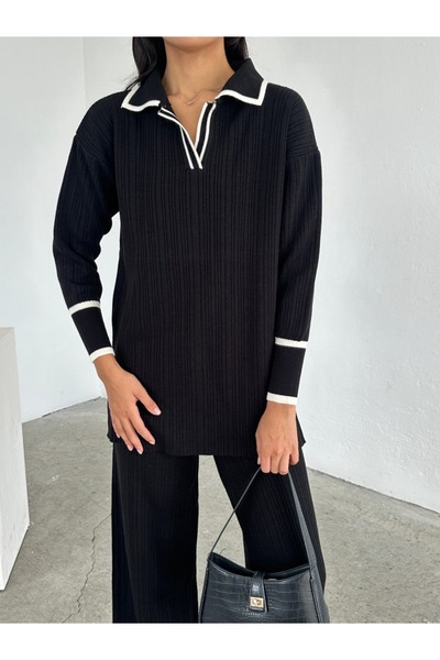 02Lady Fashion Πλεκτό κοστούμι με μανίκια με ριμπ με λαιμόκοψη V polo με λεπτ...