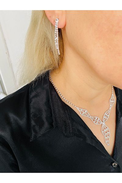xesha Waterway Rhinestone Silver Color Very Elegant Choker Set Necklace and Earrings Set