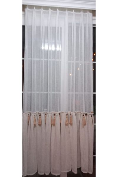 ZEDAYOR Ecru-Mink Combination - American Pleated, Ruffled and Tassel Detailed Linen Tulle Curtain