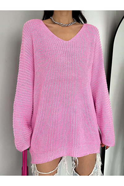 02Lady Fashion سترة نسائية محبوكة كبيرة الحجم ذات رقبة على شكل حرف V باللون الوردي