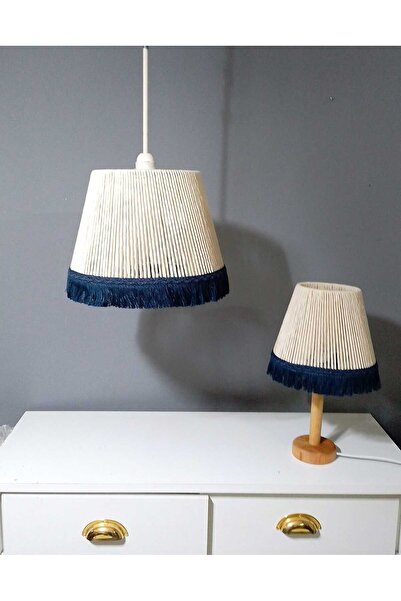 poplinhome MAKROME ABAJUR AVİZE SET EKRU MAKROME AVİZE LACİVERT PÜSKÜLLÜ