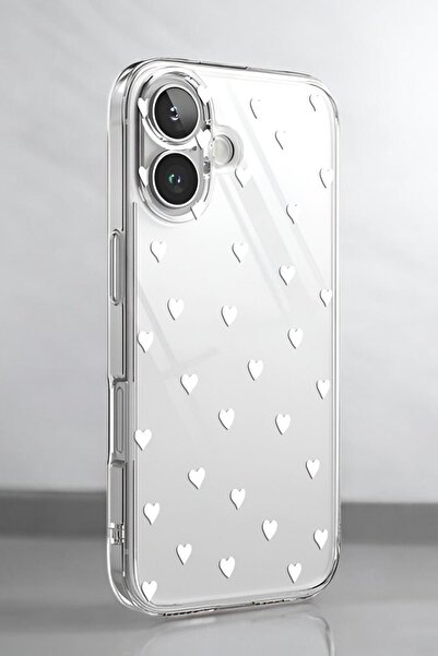 mooodcase iPhone 16 Uyumlu Beyaz Kalpler Desenli Premium Silikonlu Şeffaf Telefon Kılıfı