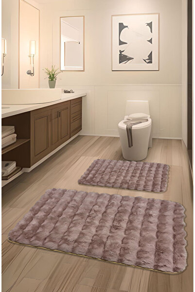 FeelHome Bubble Rabbit Hair, Αντιολισθητική Βάση, Αφράτη, Ultra Luxury, Πλένεται 2 τεμαχίων Χαλάκι μπάνιου Ροζ