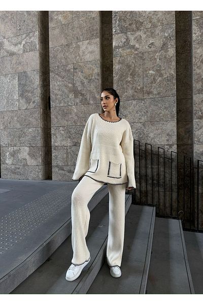 02Lady Fashion Jacket Collar Pocket Detail Oversize Cardigan and High Waist Wide Leg Trousers Bottom Top Knitwear Set