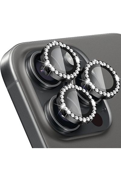 USIDE iPhone 16 Pro Max & iPhone 16 Pro Compatible 9H Camera Protective Glass Metal Frame Stone Black [Set of 3]