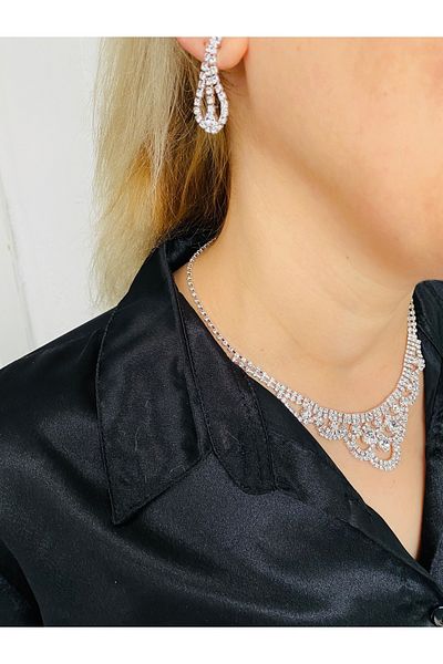 xesha Waterway Rhinestone Silver Color Elegant Choker Set Necklace and Earrings Set