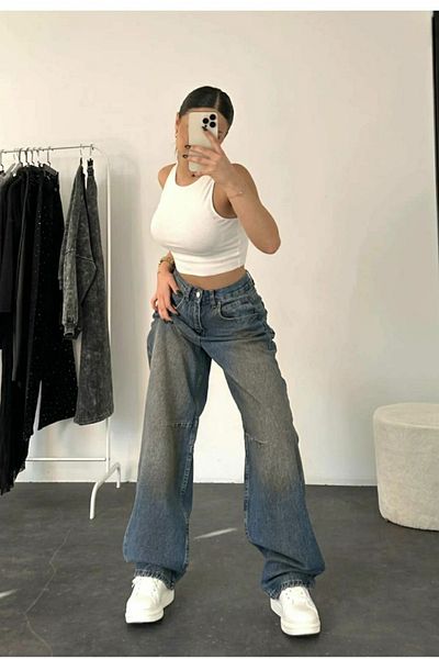 LİMABEL Blugi largi Detaliu cu cataramă Top albastru Nuanță verde Chimic Talie super înaltă Fără lycra