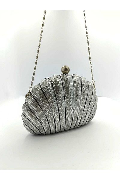 By EDUU Γυναικεία βραδινή τσάντα φόρεμα με ασημί Glitter Oyster Form με λεπτομέρεια αλυσίδας
