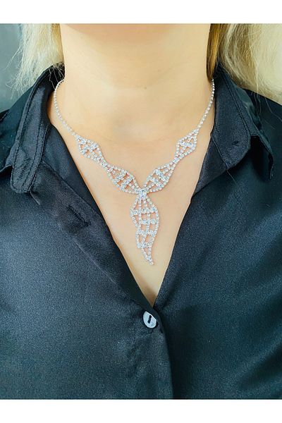 xesha Waterway Rhinestone Silver Color Very Elegant Choker Set Necklace and Earrings Set