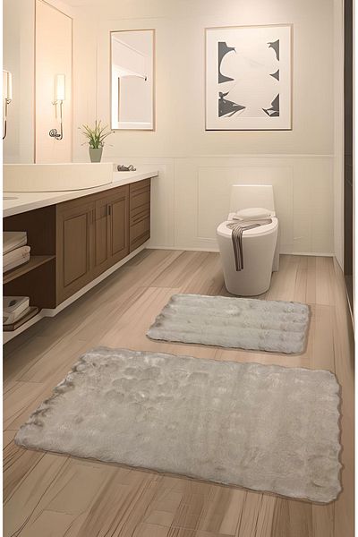 FeelHome Bubble Rabbit Hair, Αντιολισθητική βάση, Αφράτη, Ultra Luxury, Πλένεται 2 τεμαχίων Χαλάκι μπάνιου Camel