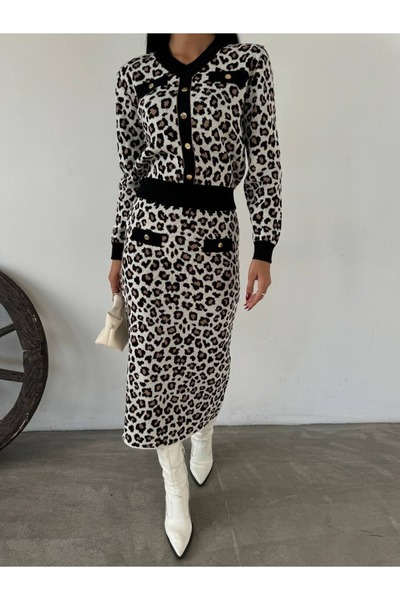 02Lady Fashion Костюм с пола и V-образно деколте с леопардов мотив и копчета