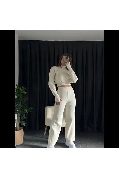 02Lady Fashion Crop Fishing Collar Wide Legs Soft Knitting Suit