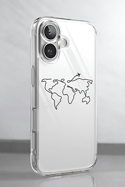 mooodcase iPhone 16 Uyumlu Dünya Harita Rota Desenli Premium Silikonlu Şeffaf Telefon Kılıfı