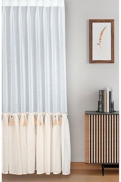 ZEDAYOR Ecru-Mink Combination - American Pleated, Ruffled and Tassel Detailed Linen Tulle Curtain
