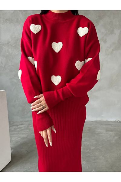 02Lady Fashion Heart Detailed Sweater Dress Suit