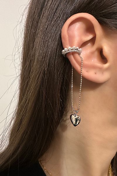 Okko Store Heart Embroidered Pearl Dangle Earring - Earcuff