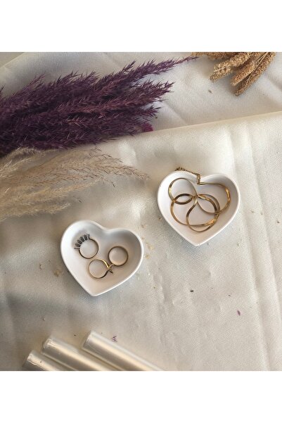 Hommark 2’li mini kalp takı mum tabağı 8 cm, dekoratif tabak ikili set beyaz ...