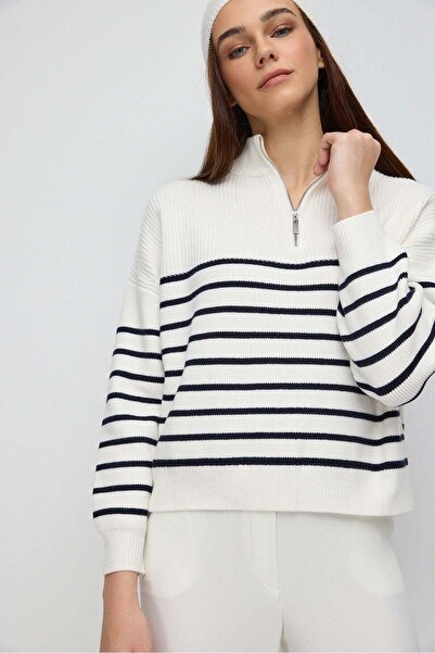 No Matter What Gestreifter Strickpullover mit Reißverschluss