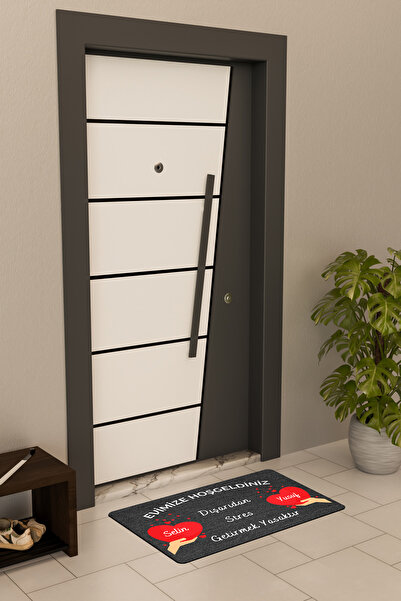 Dormot Yüksek Kaliteli Dijital Baskı Siyah, Kişiye Özel Avuçiçi Kalp temalı Kapı Önü Paspası