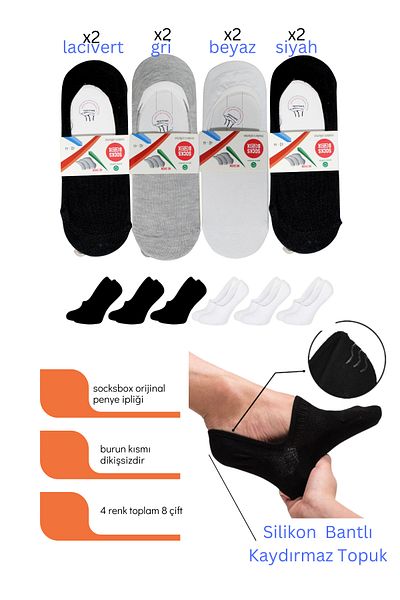 socksbox Men's Seamless Invisible Anti-Slip Heel Silicone Premium Ballerina Socks/8 Pairs/40-44