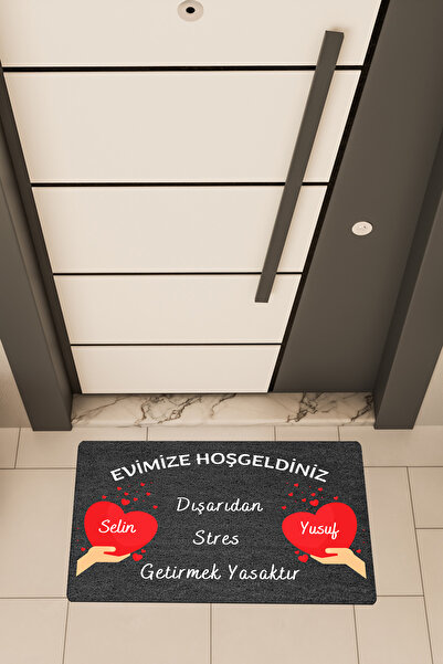 Dormot Yüksek Kaliteli Dijital Baskı Siyah, Kişiye Özel Avuçiçi Kalp temalı Kapı Önü Paspası