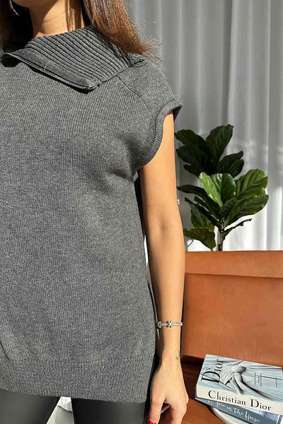 Mine Tan Butik Pulover tricot cu fermoar de culoare afumată