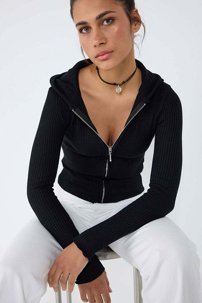 No Matter What Black Hooded Zip-Up Knit Cardigan