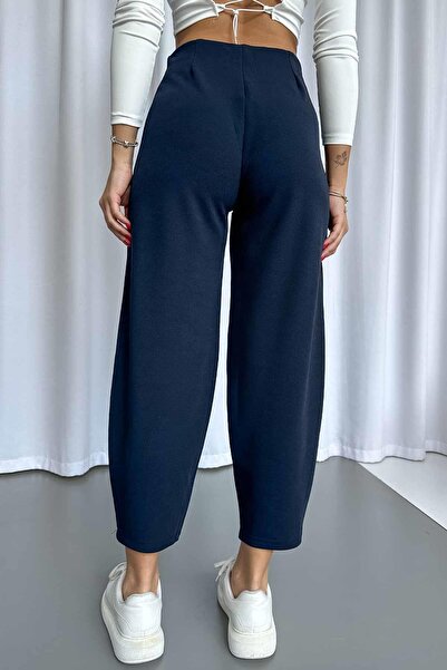 Mine Tan Butik Crepe Beltless Balloon Women's Trousers - Navy Blue