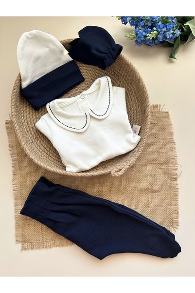 Mama Miel Baby Navy Newborn Hospital Take-Home Set (Bodysuit, Pants, Beanie, Gloves)