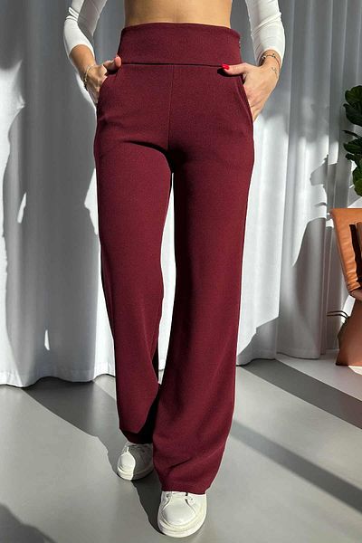 Mine Tan Butik Burgundy Women's Pants - Hidden Zipper, Crepe Wide Leg, Waist Corsage