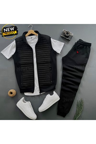 NewCabin New Season Quilted Vest- Sweatpants- T-Shirt Combination 3-Piece Bottom Top Set