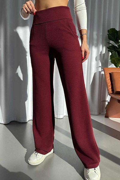 Mine Tan Butik Burgundy Women's Pants - Hidden Zipper, Crepe Wide Leg, Waist Corsage