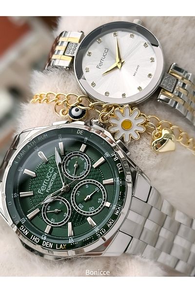 Ferrucci Steel Band with Yellow Silver Color Couple Wrist Watch and Bracelet Gift Dear