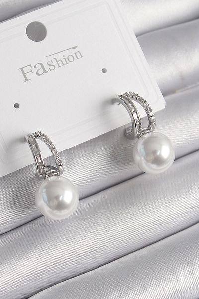 Clariss Brass Silver Color Zircon Stone Hoop Pearl Detail Women's Earrings